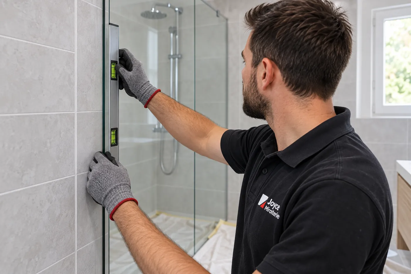 Miroitier en polo Joyce Miroiterie vérifiant au niveau à bulle l'aplomb d'une paroi de douche en verre trempé
