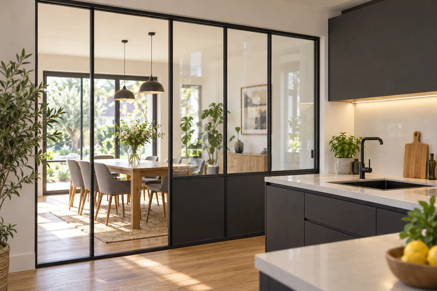 Verrière d'atelier à ossature acier noir et verre clair séparant une cuisine d'une salle à manger
